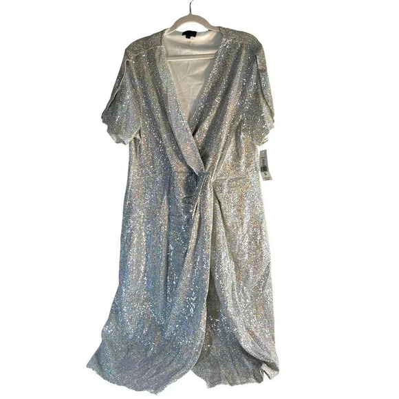 JM Studio Dresses & Skirts - JM Studio Womens Sparkle Dress Wrap Look Short Flutter Sleeve V-Neck Silver Spar